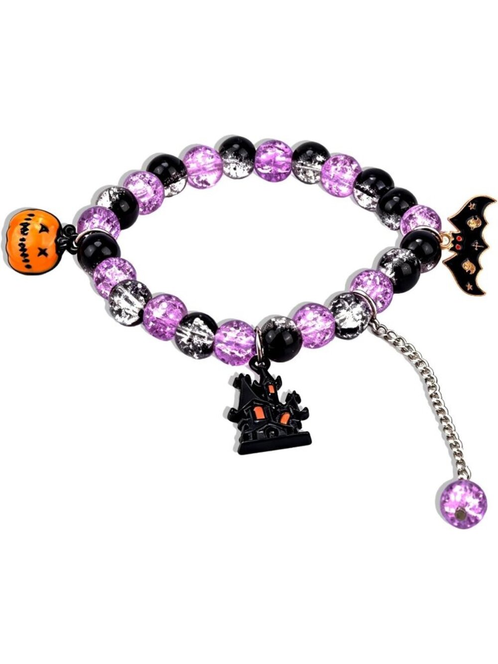Women's Purple Pumpkin Bat Charms Stretchy Beaded Spooky Halloween Bracelet